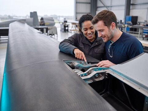 Two aerospace engineers inspect the mechanical component on a carbon fiber aircraft wing in a hangar