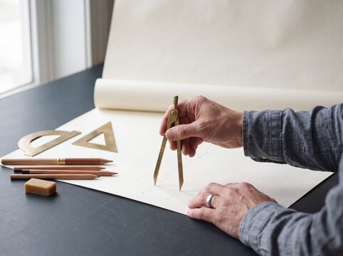 Close up of an architect using a vintage brass compass to draw precise geometric lines on paper at a workspace