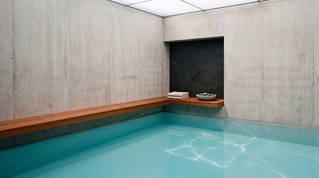Modern luxury indoor spa with concrete walls, wooden bench, and crystal clear turquoise pool water