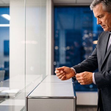 Mature businessman adjusting his suit cuffs while standing in a modern corporate office at night