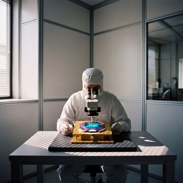 Cleanroom Scientist in Protective Suit Inspecting a Semiconductor Silicon Wafer with a Microscope