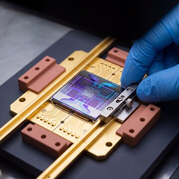 Close-up of an advanced quantum computing processor chip mounted on a gold testing rig by an engineer wearing protective blue gloves in a laboratory