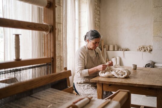 A middle-aged female artisan prepares natural wool fibers at a wooden table in a bright weaving workshop