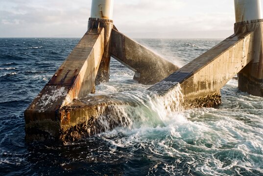 Heavy offshore industrial foundation structure enduring crashing ocean waves in the open sea