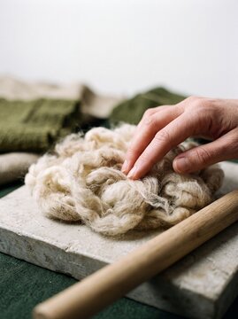 Hand Touching Raw Organic Wool Fiber on a Stone Surface in an Artisan Textile Workshop