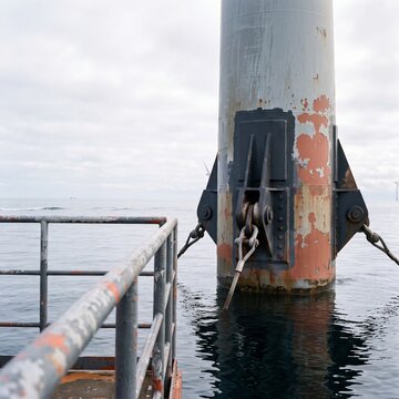 Weathered offshore turbine foundation pillar secured with heavy steel mooring cables in the ocean
