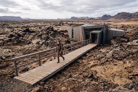 A female traveler walks along a wooden boardwalk beside a modern architectural lodge in the volcanic lava fields of Iceland
