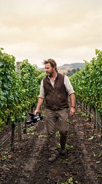 Agronomist walking through vineyard rows using a handheld agricultural sensor device for crop monitoring