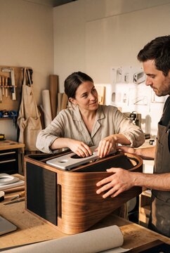 Two professional industrial designers collaborating on assembling a custom curved wooden speaker enclosure in a carpentry studio