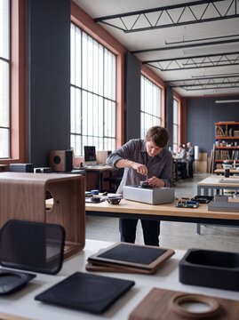 A male technician assembling high-end audio speakers in a modern industrial workshop and studio space