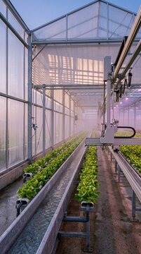 Automated hydroponic greenhouse system cultivating rows of fresh green lettuce with smart irrigation