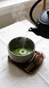 Pouring Hot Water from a Cast Iron Teapot into Ceramic Bowl with Matcha Green Tea Powder and Bamboo Whisk