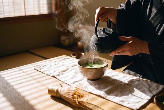 Japanese tea master pouring hot water from cast iron kettle to prepare traditional matcha green tea ceremony