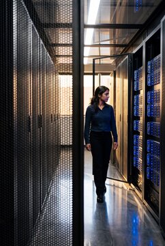 Female IT Engineer Walking Along Server Racks in Modern Data Center