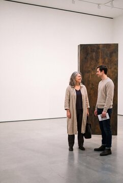 Two people talking and enjoying a contemporary art exhibition in a minimalist gallery