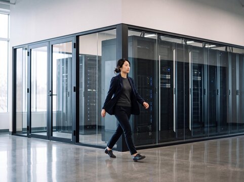Asian businesswoman and IT professional walking past modern glass-enclosed server room in a data center facility