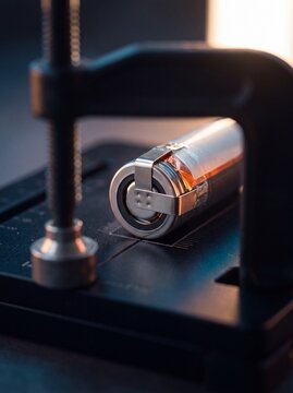 Cylindrical lithium ion battery cell secured in a precision testing fixture inside an engineering workshop