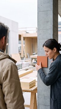 Female architect holding a terracotta tile sample against a concrete wall while discussing design on a construction site