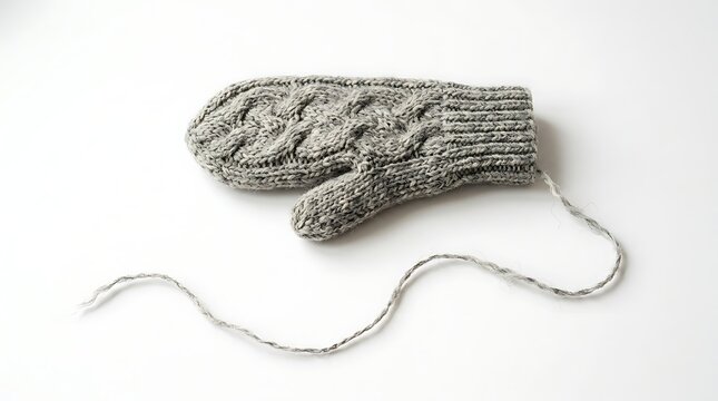 A pair of gray knitted mittens with yarn on a white background
