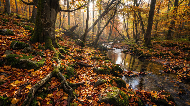 Autumn forest stream with fallen leaves and sunlight.