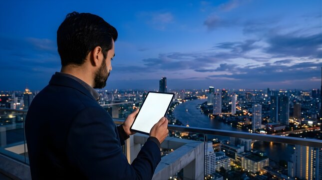 Businessman holding blank tablet screen on balcony overlooking night city