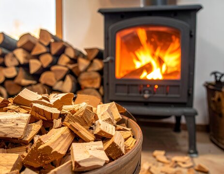 A warm interior scene features a burning fireplace with logs, surrounded by chopped wood