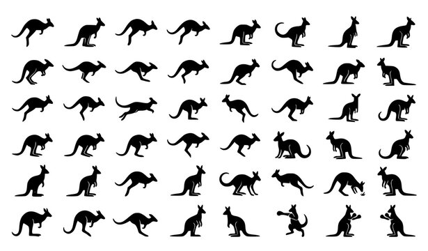 Black kangaroo silhouette icon vector set with dynamic Australian wildlife poses