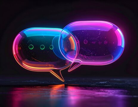 Two luminescent speech bubbles with neon outlines, reflecting colors in a dark setting