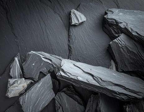 Close-up of layered dark grey shale stones with varying sizes, arrangement, and texture