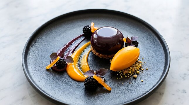 Gourmet chocolate dessert with orange sorbet and blackberries, artfully presented on a dark plate for a sophisticated culinary experience