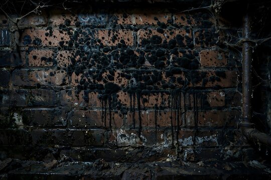 Dark Ominous Brick Wall Covered in Thick Black Mold Growth and Decaying Structural Residue in an Abandoned Underground Basement Environment