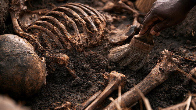 A close-up shot of an archaeologist carefully brushing dirt from an ancient human skeleton uncovered at an outdoor excavation site.