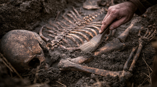 A close-up shot of an archaeologist carefully brushing dirt from an ancient human skeleton uncovered at an outdoor excavation site.