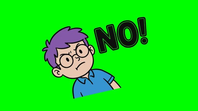cartoon cute nerd boy say no rejection decline animation HD 4K