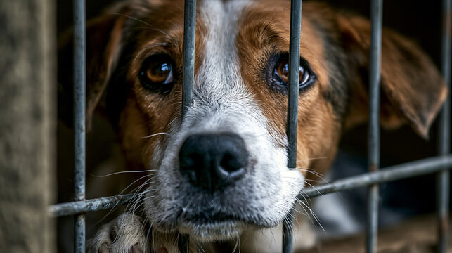 Poignant close-up portrait of a sad brown and white dog looking through the vertical metal bars of a shelter or rescue cage, with soulful eyes and paw resting on the frame.