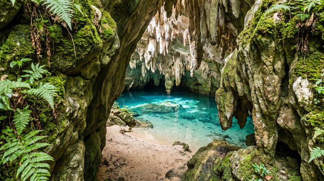 Tropical cave entrance with turquoise water and lush greenery.