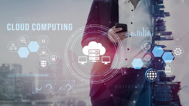 Business Professional Holding Smartphone with Cloud Computing Graphics and Cityscape Background Representing Digital Technology Advancement. Entropy.