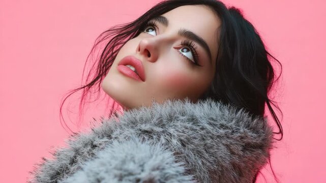 Stylish woman in fur coat with striking makeup