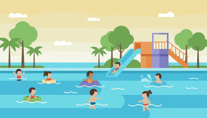 Fototapeta premium Children having fun playing on a water slide and swimming pool at a colorful summer resort waterpark.