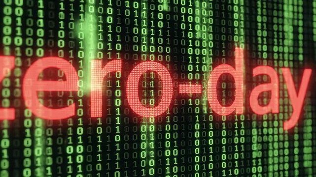 Computer monitor displaying zero-day text and green binary code