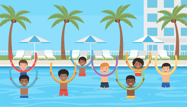 Happy children exercising and playing in a sunny resort swimming pool with colorful pool noodles and palm trees.
