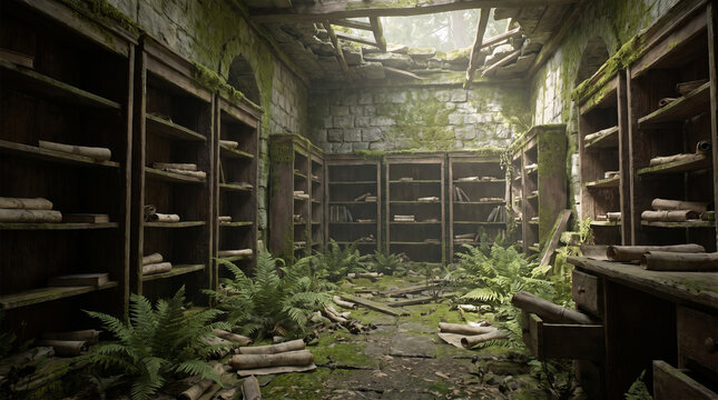 Abandoned greenhouse overgrown with moss and ferns in soft light.
