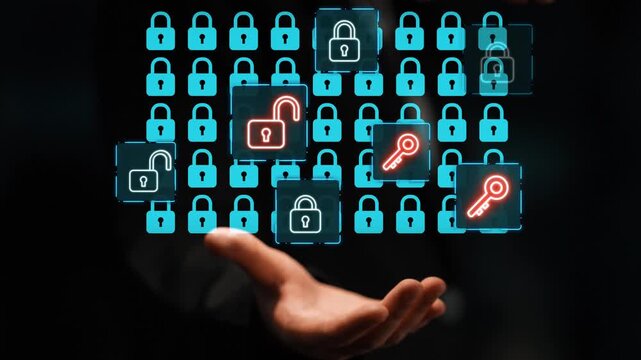 Digital concept of cybersecurity protection with locks and keys on a futuristic interface, representing data privacy and secure access management solutions. Entropy.