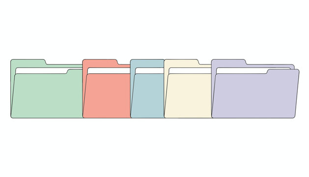 Row of five colorful file folders in pastel green pink blue beige and purple with index tabs.