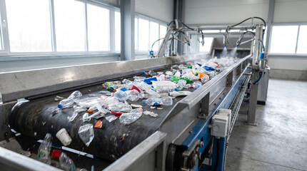 Fototapeta premium Modern recycling facility processing plastic bottles on conveyor belt.