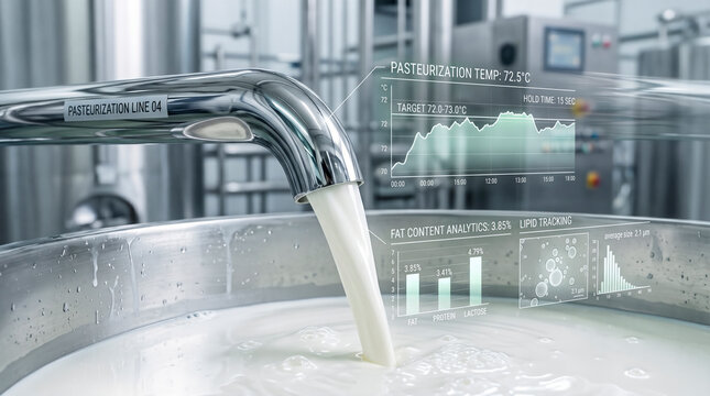 Automatic milk pasteurization process in dairy factory with digital analytic overlays