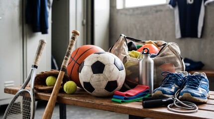Fototapeta premium Sports equipment including balls, racquets, bats, shoes, and a gym bag in a locker room setting