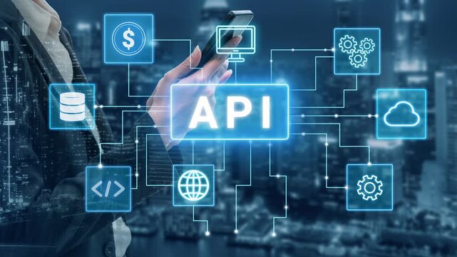 Futuristic Technology Concept Representing API Integration with Visual Elements of Data, Communication, and Digital Services Against a Night Cityscape Background. Entropy.