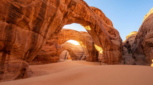 Natural sandstone arch formation in a desert canyon at sunset.