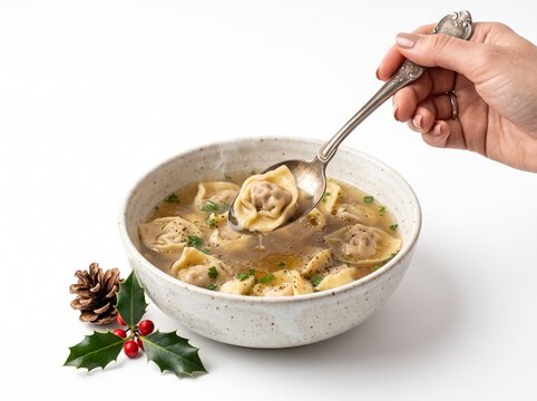 Hand holding silver spoon with tortellini from bowl of broth with Christmas holly isolated on white